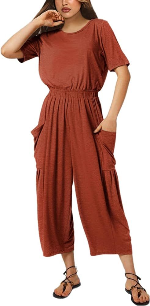 Fiona Jolin Jumpsuits for Women Casual Summer Short Sleeve Wide Leg Jumpers Long Rompers with Poc... | Amazon (US)