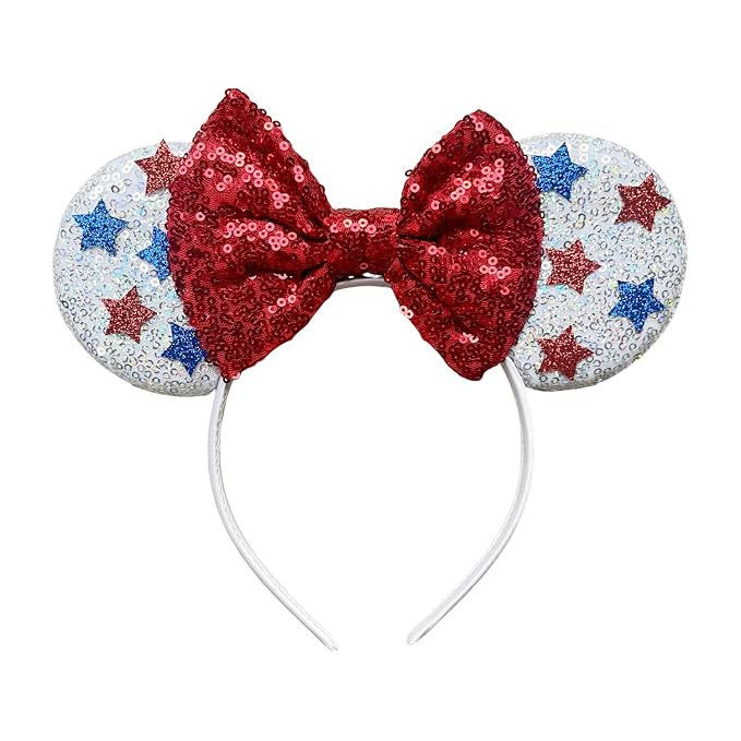 4th of July Sequin Mouse Ears Headbands Red White Blue Patriotic Hair Band with Bow Independence ... | Amazon (US)
