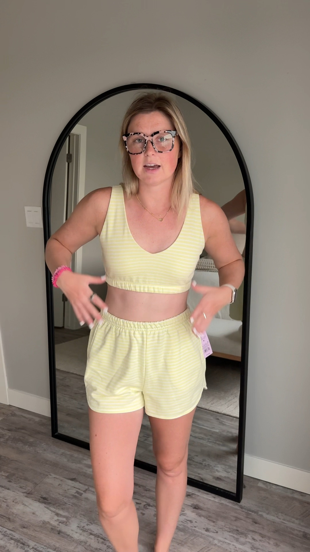 Wearing size small on top, size medium shorts & size XL crewneck! 