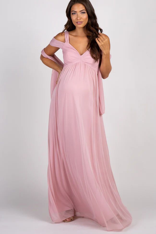 Light Pink Chiffon Cold Shoulder Maternity Evening Gown | PinkBlush Maternity