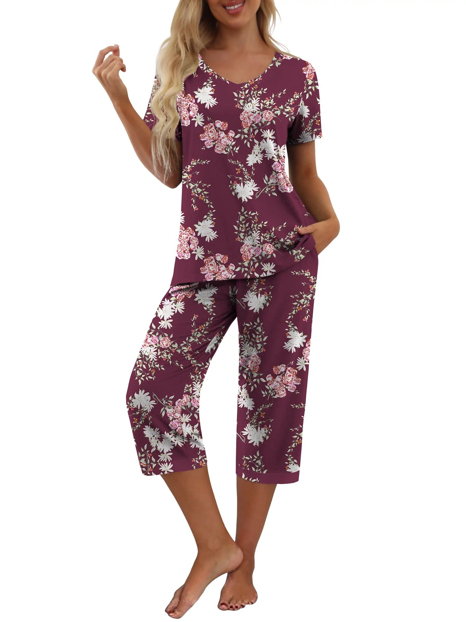 MINTREUS Women's Pajama Sets Short Sleeve Shirt and Capri Soft Pajama Sets with Pockets | Walmart (US)