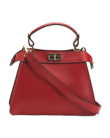 Leather Satchel 3 Compartment With Turn Lock, Leather/Gold | TJ Maxx