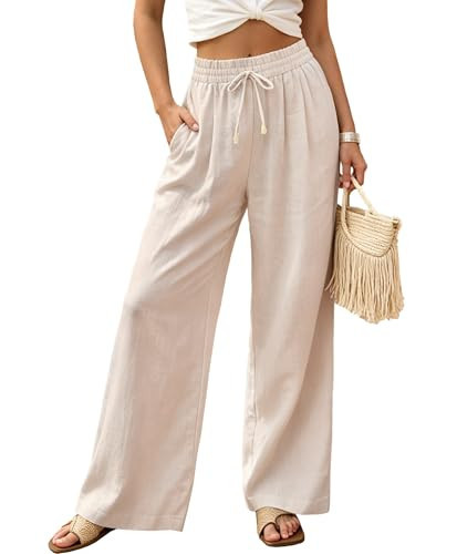 AceNest Womens Linen Pants with Pockets Casual Linen Blend Pants Beige L | Amazon (US)