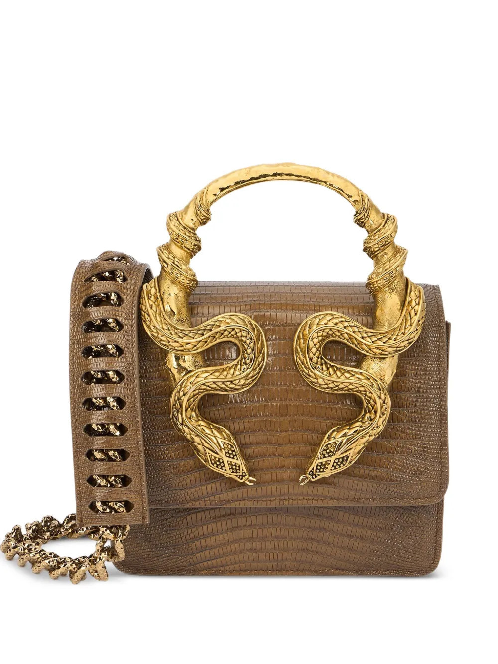 Roberto Cavalli snake-embellished leather shoulder bag - Brown | Farfetch Global