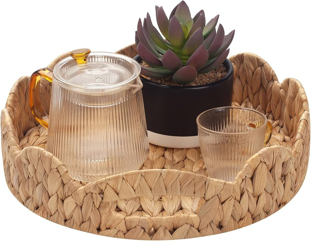 YANGQIHOME Round Serving Tray, 12 inch Decorative Water Hyacinth Scalloped Basket Tray with Built... | Amazon (US)