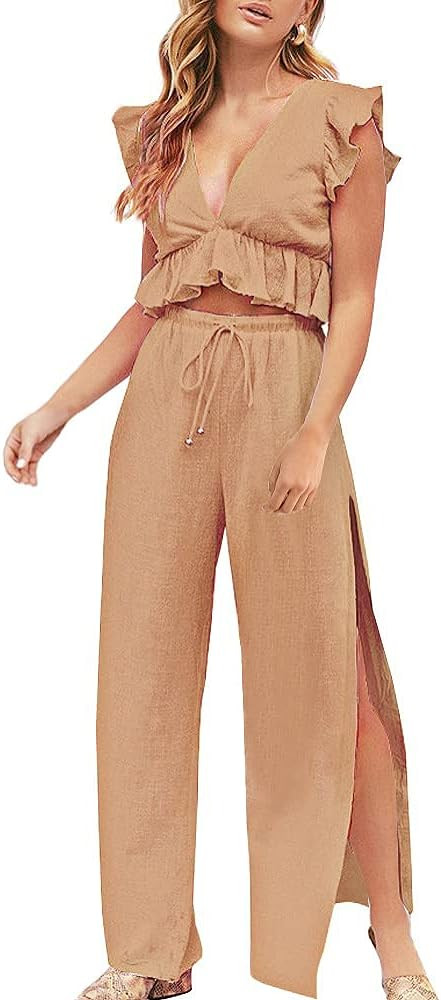 FANCYINN Womens 2 Pieces Outfits Deep V Neck Crop Top Side Slit Drawstring Wide Leg Pants Set Jum... | Amazon (US)