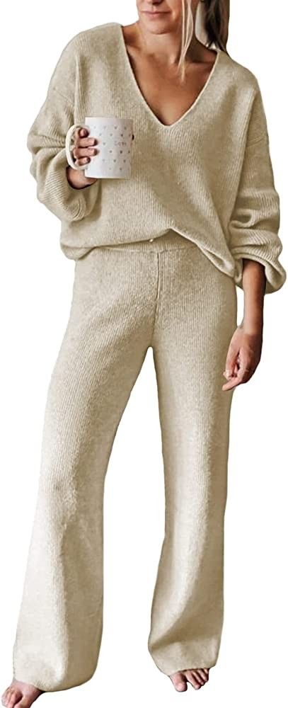 Linsery Women Ribbed Tracksuit 2 Piece Casual Deep V Neck Solid Sweatsuit Lounge Pajamas Set Leis... | Amazon (US)