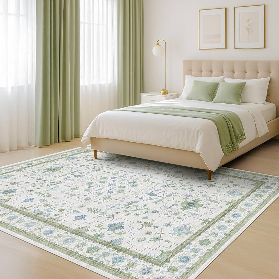 Cream Oushak 6x9 Bedroom Rug - Boho Floral Cool Blue and Green, Washable Low Pile Non-Slip Ultra-... | Amazon (US)