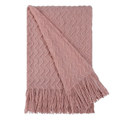 PiccoCasa 100% Acrylic Knit Wave Pattern Soft Tassels Fringe Lightweight Blanket Pink | Target