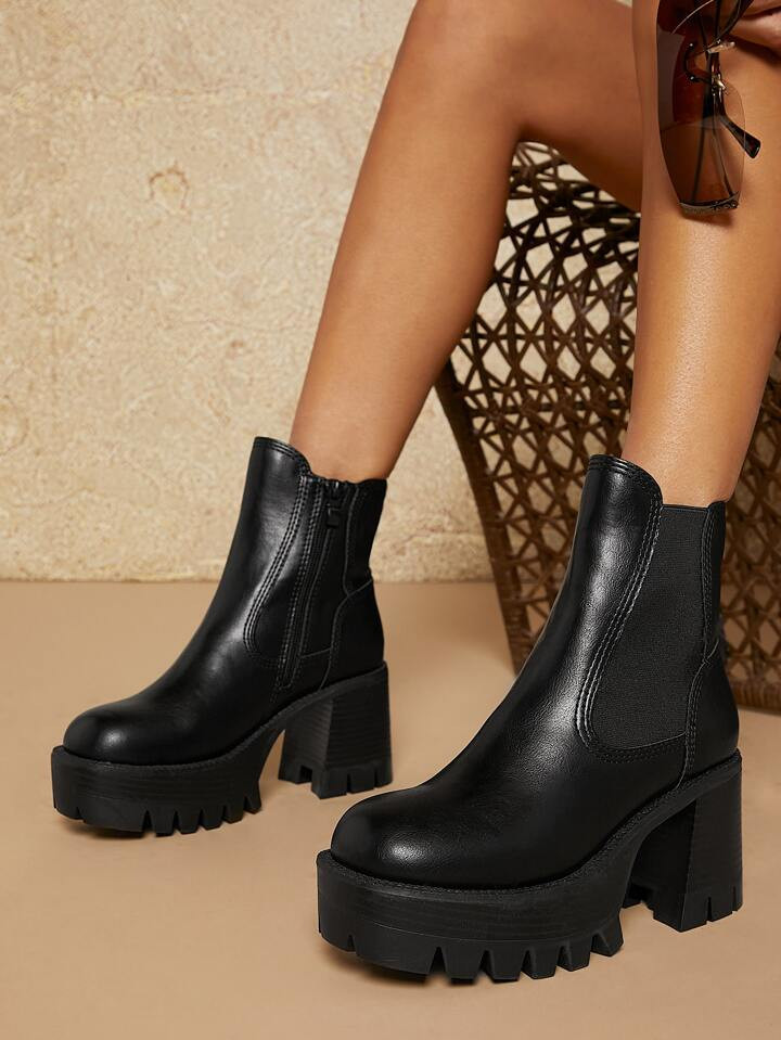 Faux Leather Lug Sole Block Heel Booties | SHEIN