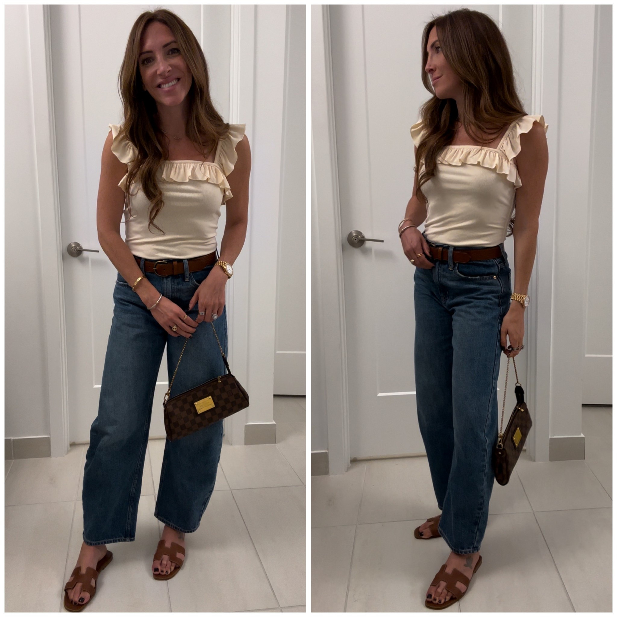 Wearing a tan flutter sleeve tank top, camel belt, barrel jeans, gold orans 

#LTKStyleTip #LTKFindsUnder50 #LTKSaleAlert