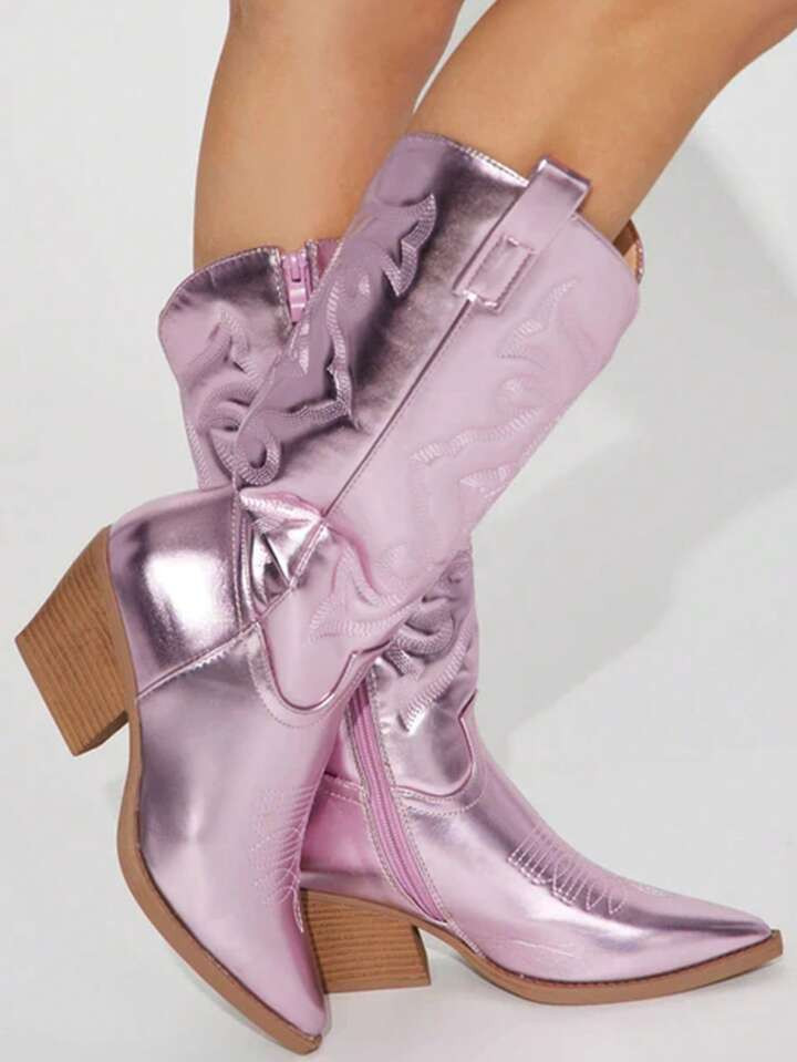 Women's Embroidered Pointed Toe Chunky Heeled Western Style Jeans Boots,party, Spring/autumn, Ant... | SHEIN