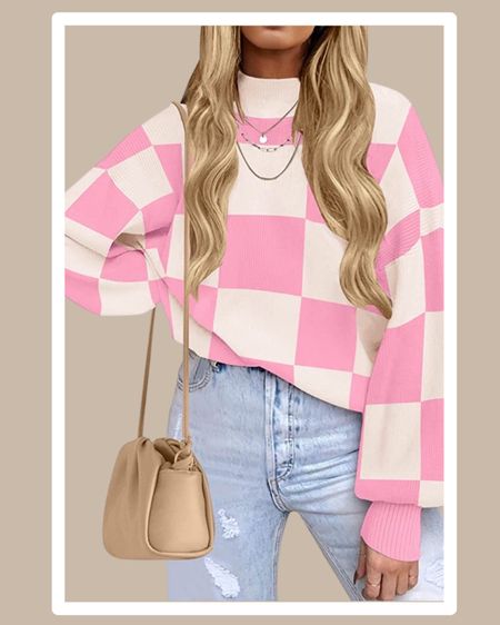 Pink Checkered Casual Turtleneck Long Lantern Sleeve
Oversized Ribbed Knit Pullover Sweater

#LTKstyletip #LTKbeauty #LTKfit