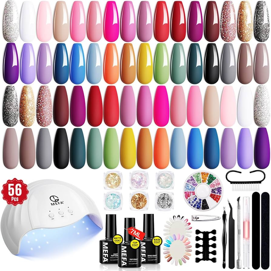 MEFA 56 Pcs Gel Nail Polish Kit with U V Light, 32 Colors All Seasons Soak Off Gel Polish Nail Se... | Amazon (US)