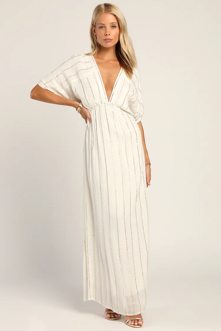 Goddess Vibes Ivory Gold Striped Dolman Sleeve Maxi Dress | Lulus