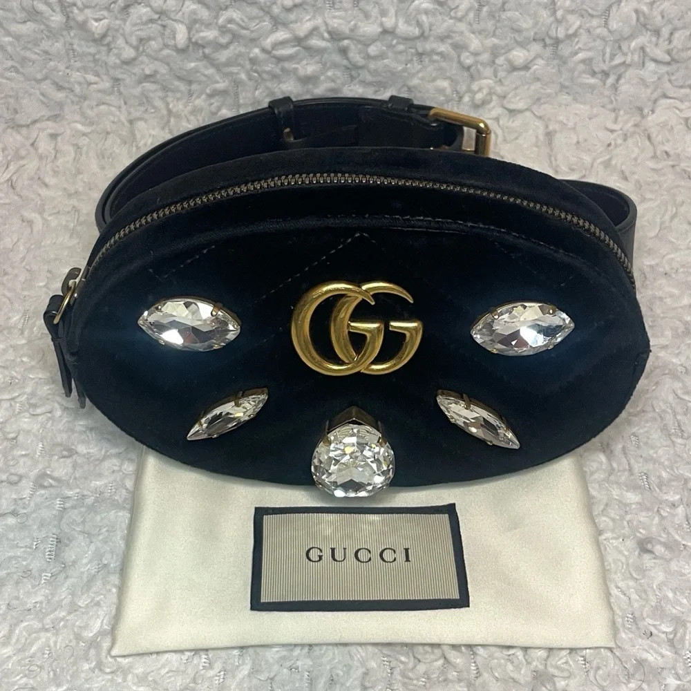 Gucci Marmont Chevron Quilted Velvet Crystal Belt Chest Bag in Black 476434 | Poshmark