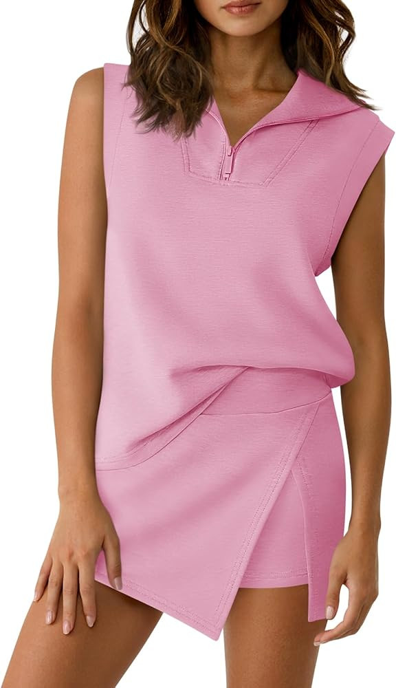 Fisoew Womens 2 Piece Skirt Sets Summer Sleeveless Half Zip Sweatshirt Athletic Skorts Tennis Out... | Amazon (US)