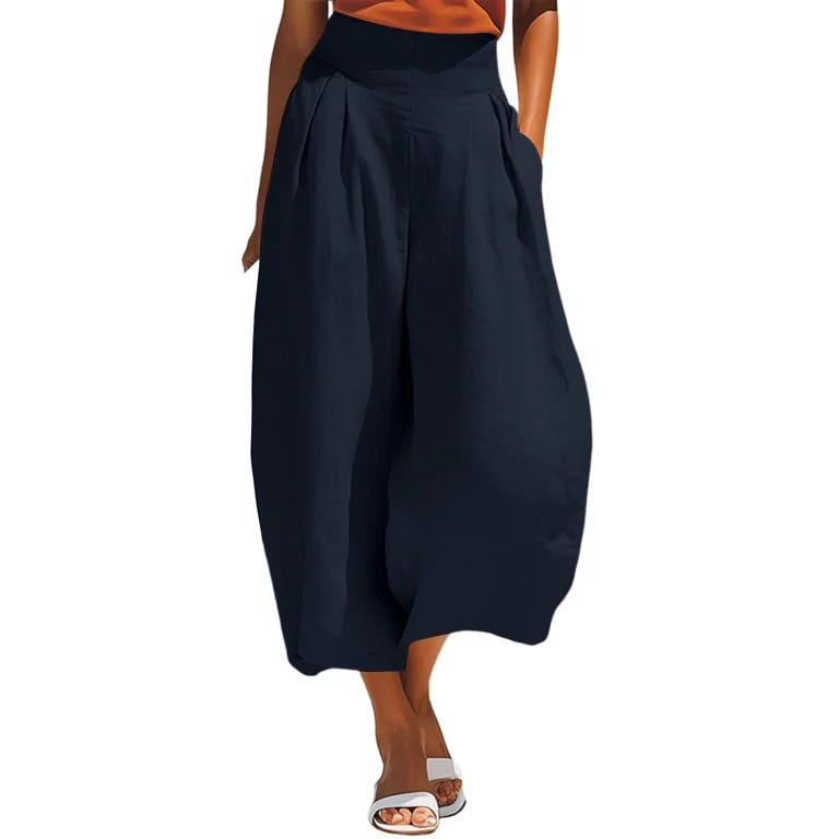 MLCDZ Women' s Culottes Linen High Waisted Wide Leg Pants Elastic Waist Casual Palazzo Trousers w... | Walmart (US)