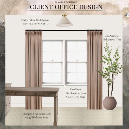 Client Office Design | flush mount lighting | faux tree | peninsula desk | bookcase | planter | curtain panels 

#LTKhome #LTKunder100 #LTKunder50