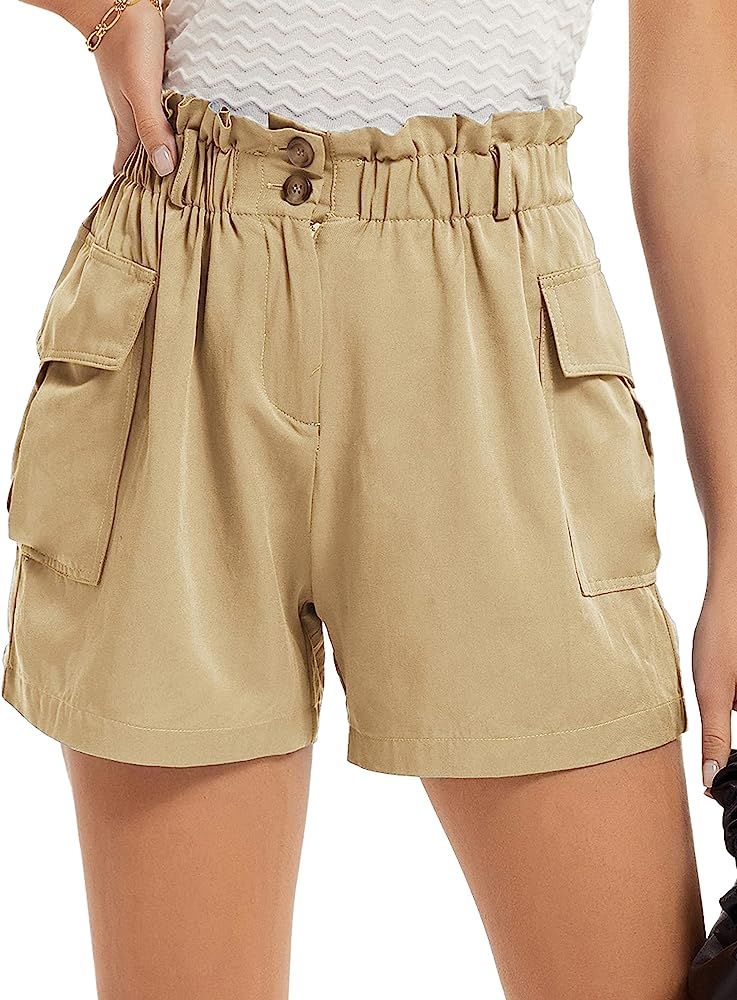 GRACE KARIN Women's Paper Bag High Waist Summer Casual Cotton Shorts with Pocket | Amazon (US)