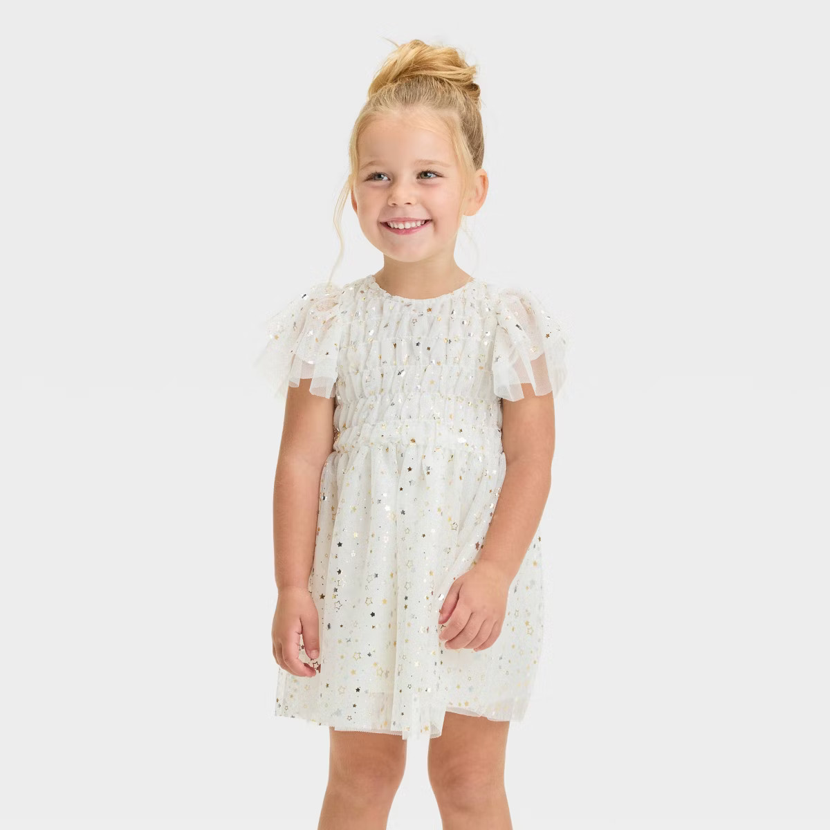 Toddler Girls' Foil Star Ruffle Short Sleeve Tulle Dress - Cat & Jack™ Cream | Target
