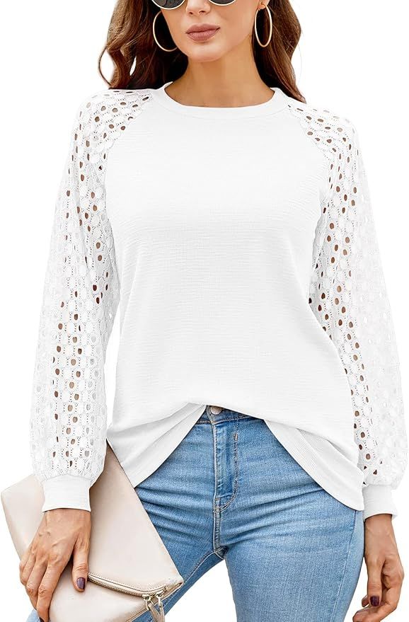 HAOMEILI Women’s Long Sleeve Tops Lace Shirt Casual Loose T Shirts Blouses | Amazon (US)