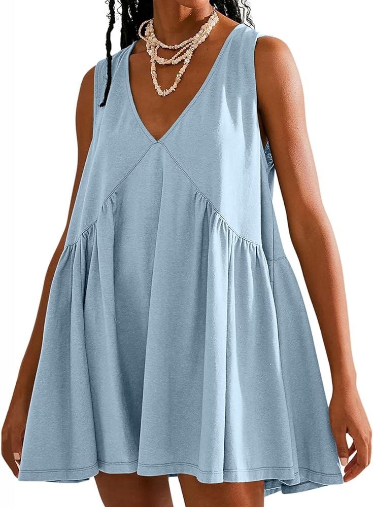 A Line Dresses for Women Casual V Neck Sleeveless Mini Dress Loose Summer Pleated Dresses Flowy Beach Sundress | Amazon (US)