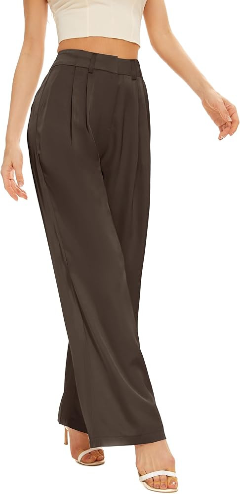 FUNYYZO Women Stain Wide Leg Pants High Elastic Waisted Casual Business Work Trousers Long Straig... | Amazon (US)