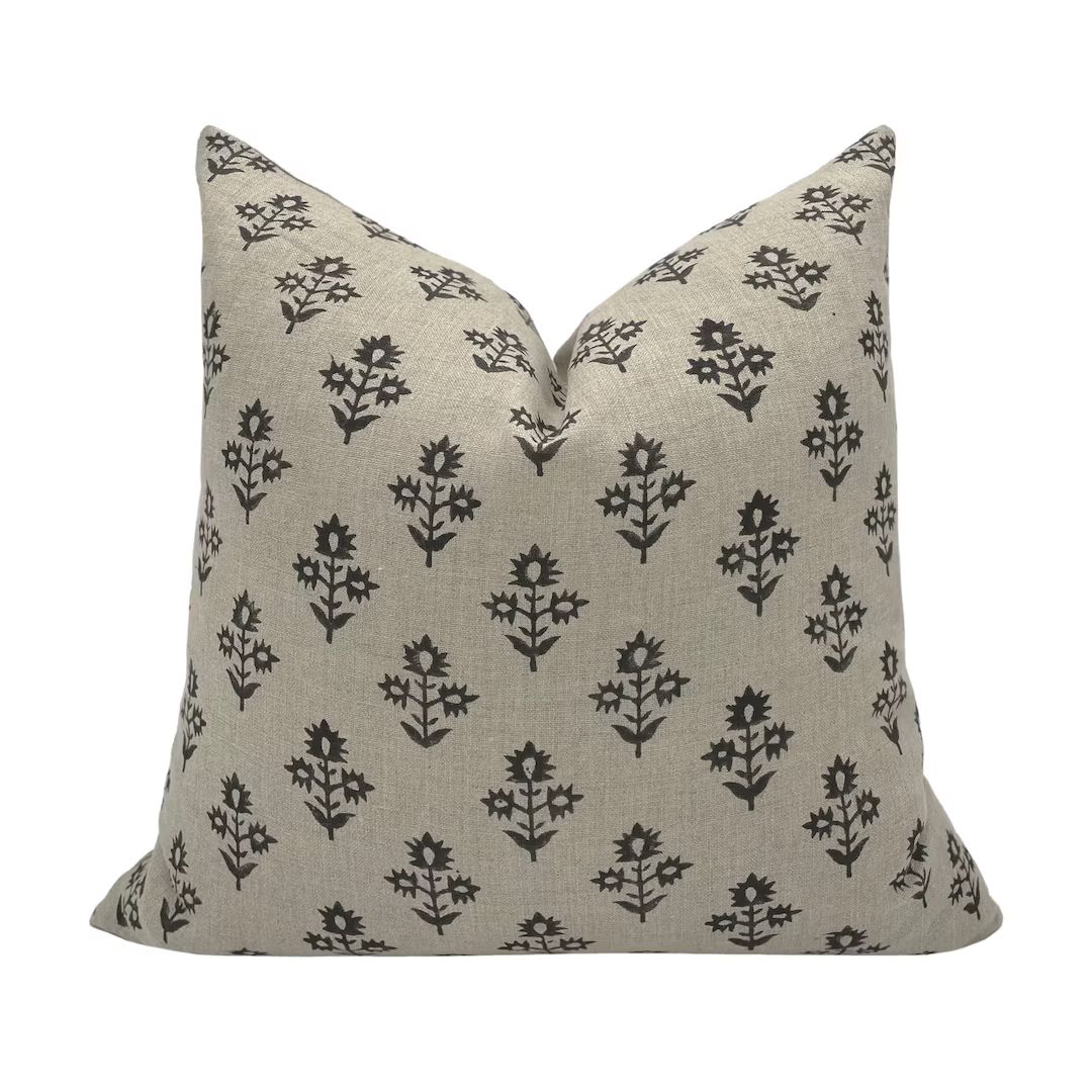OWEN Designer Floral Linen Pillow Cover, Black Floral Pillow, Block Print Pillow, Block Linen Pil... | Etsy (US)