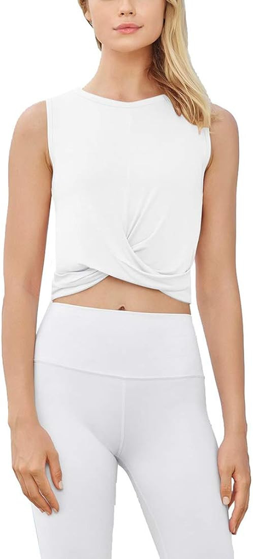 Mippo Womens Crop Top High Neck Workout Gym Yoga Tank Tops Twist Front Cropped Shirts | Amazon (US)