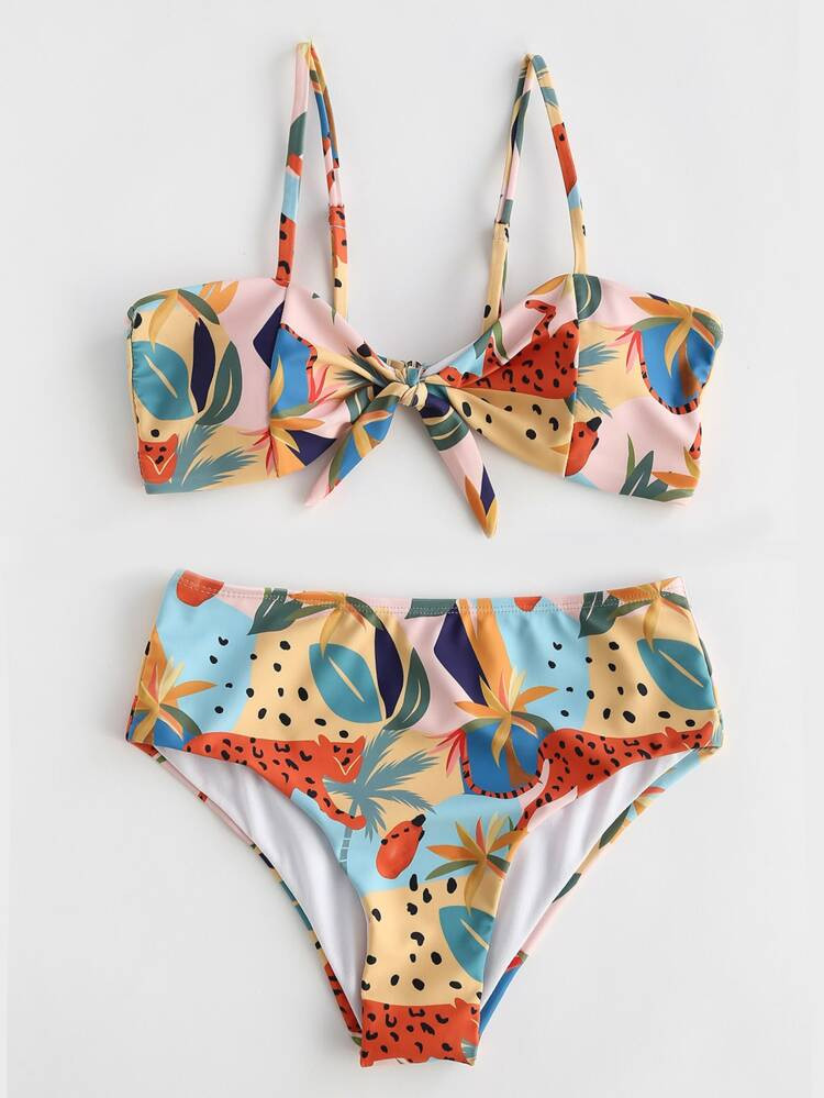 Plant & Animal Print Knot Front Bikini Swimsuit | SHEIN