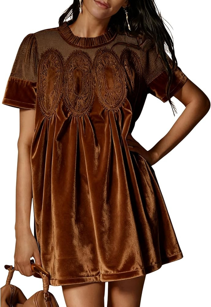 Womens Velvet Lace A-Line Overall Casual Pleated Swing Babydoll Wedding Skirtall Scallop Neck Fla... | Amazon (US)