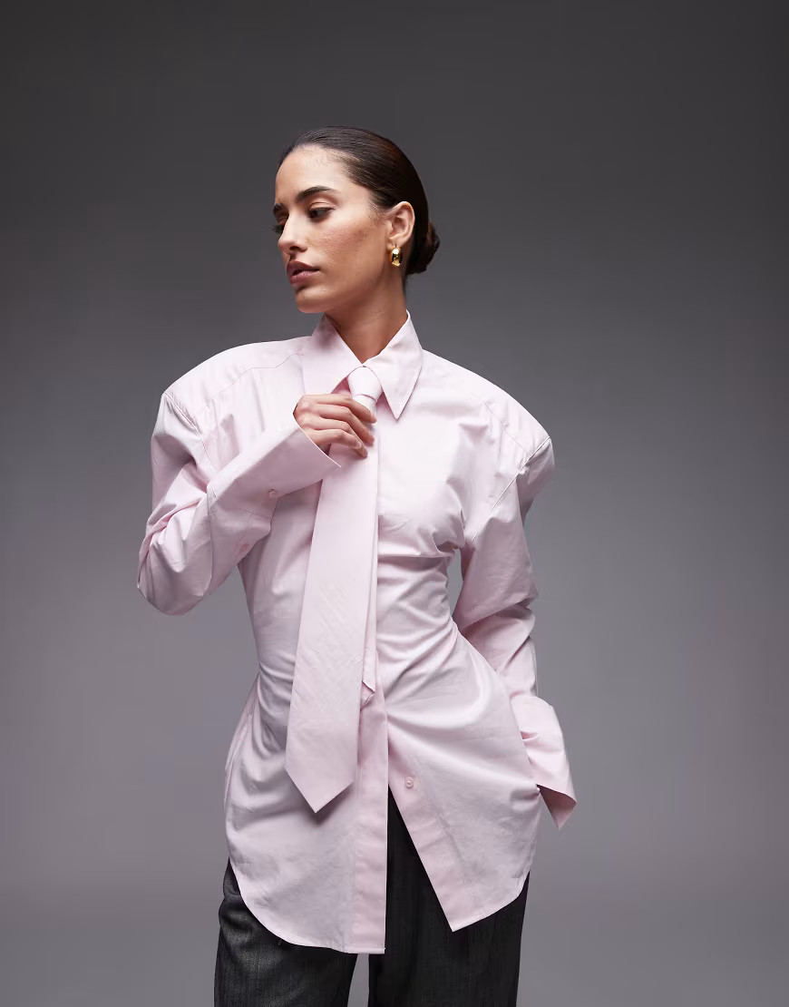 ASOS DESIGN cinch waist shirt with shoulder pads and necktie in pink | ASOS (Global)