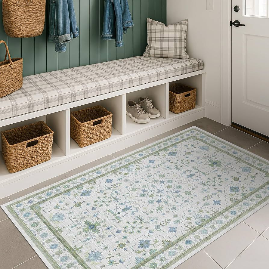 Blue and Green Washable Entryway Rugs 3x5 - Vintage Boho Floral Pastel Cream, Washable Low Pile N... | Amazon (US)