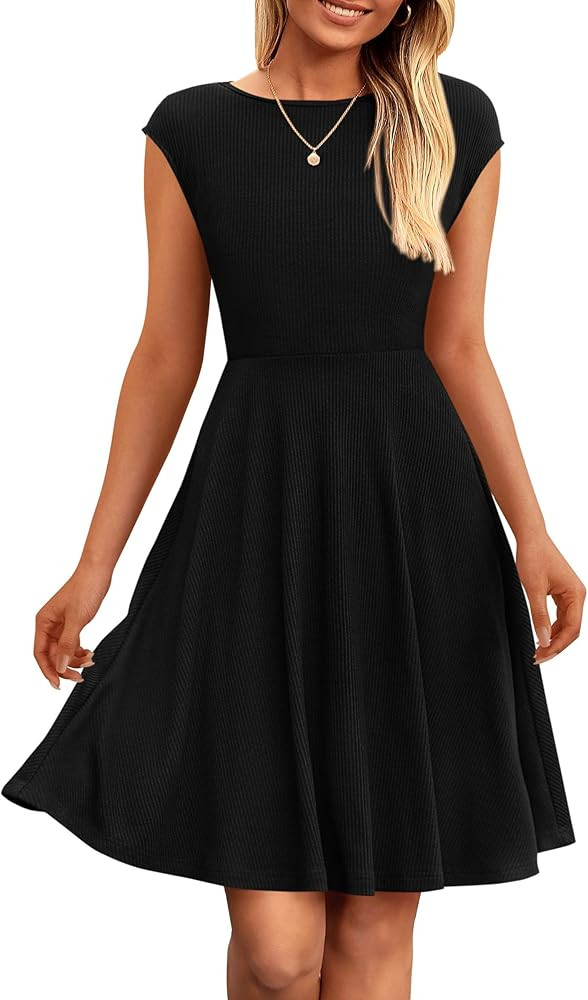 PRETTYGARDEN Womens Short Summer Dresses Crewneck Cap Sleeve Ribbed Knit Casual Flowy A Line Mini... | Amazon (US)