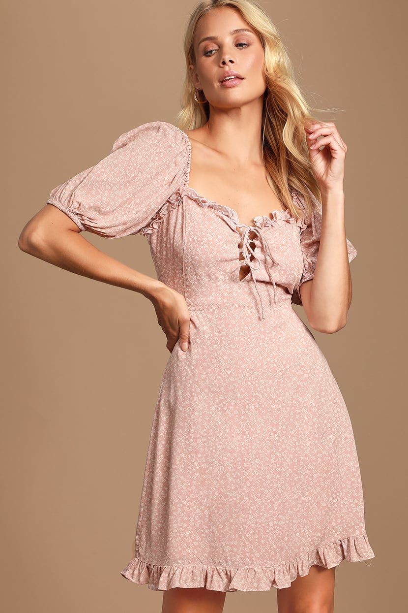 Sashabella Blush Pink Floral Print Puff Sleeve Lace-Up Dress | Lulus (US)