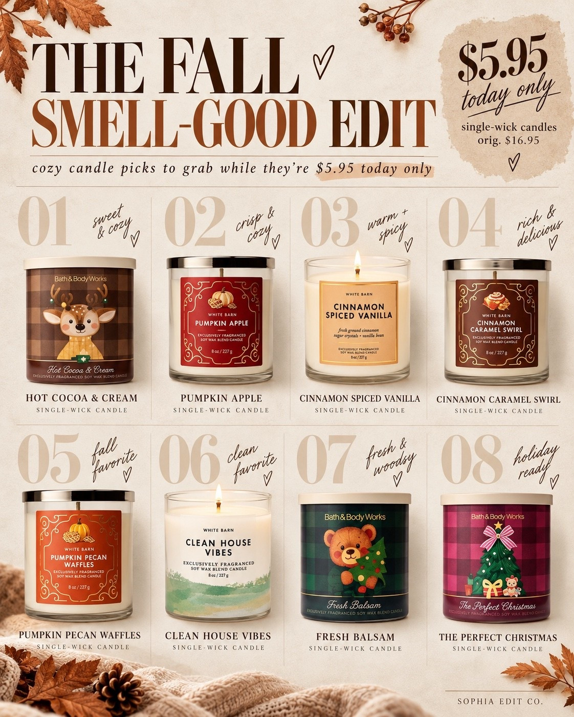 Fall smell-good edit 🍂🕯️
Bath & Body Works single-wick candles are $5.95 today only — normally up to $16.95. I linked some of the fall + cozy scents I’m eyeing while the sale is on.

#LTKSeasonal #LTKHome #LTKSaleAlert