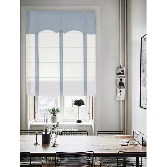 Valance,Custom Classic roman shade made, washable Cotton and linen white background gray and blue... | Etsy (US)