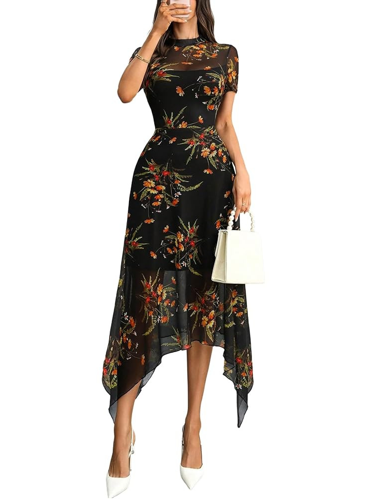 GothDark Womens Floral Mesh Dress Vintage Gothic Short Sleeve Spliced Double-Layered Irregular He... | Amazon (US)