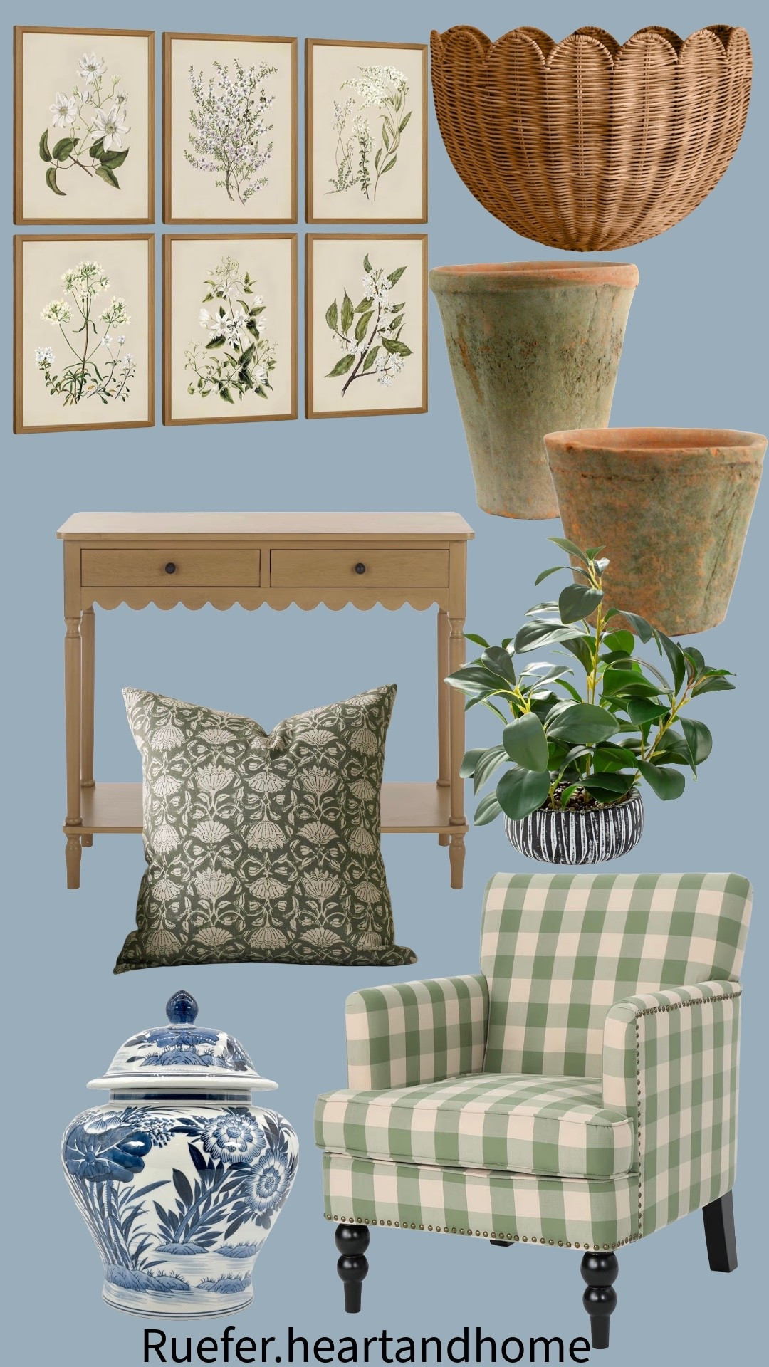 Amazon home decor… scallop wall basket, framed vintage botanical art, scallop console table, spindle leg table, green check upholstered armchair, club chair, green floral pillow cover, ginger jar, terra cotta pots, artificial plant

#LTKHome #LTKSeasonal #LTKSpringSale