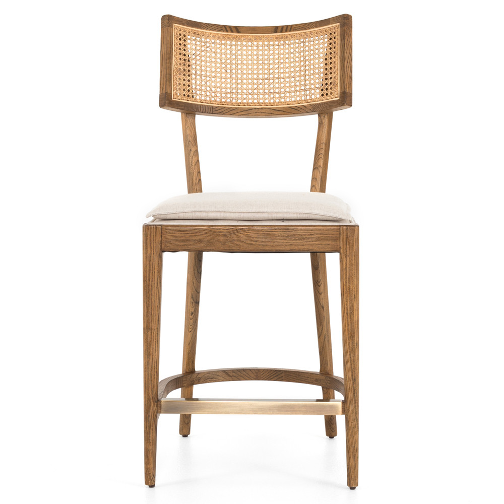 Tina Modern Cream Performance Upholstered Woven Cane Brown Wood Counter Stool | Kathy Kuo Home