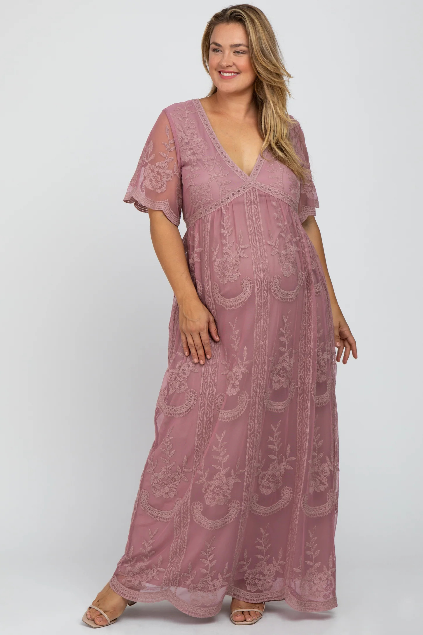 Mauve Lace Mesh Overlay Maternity Plus Maxi Dress | PinkBlush Maternity
