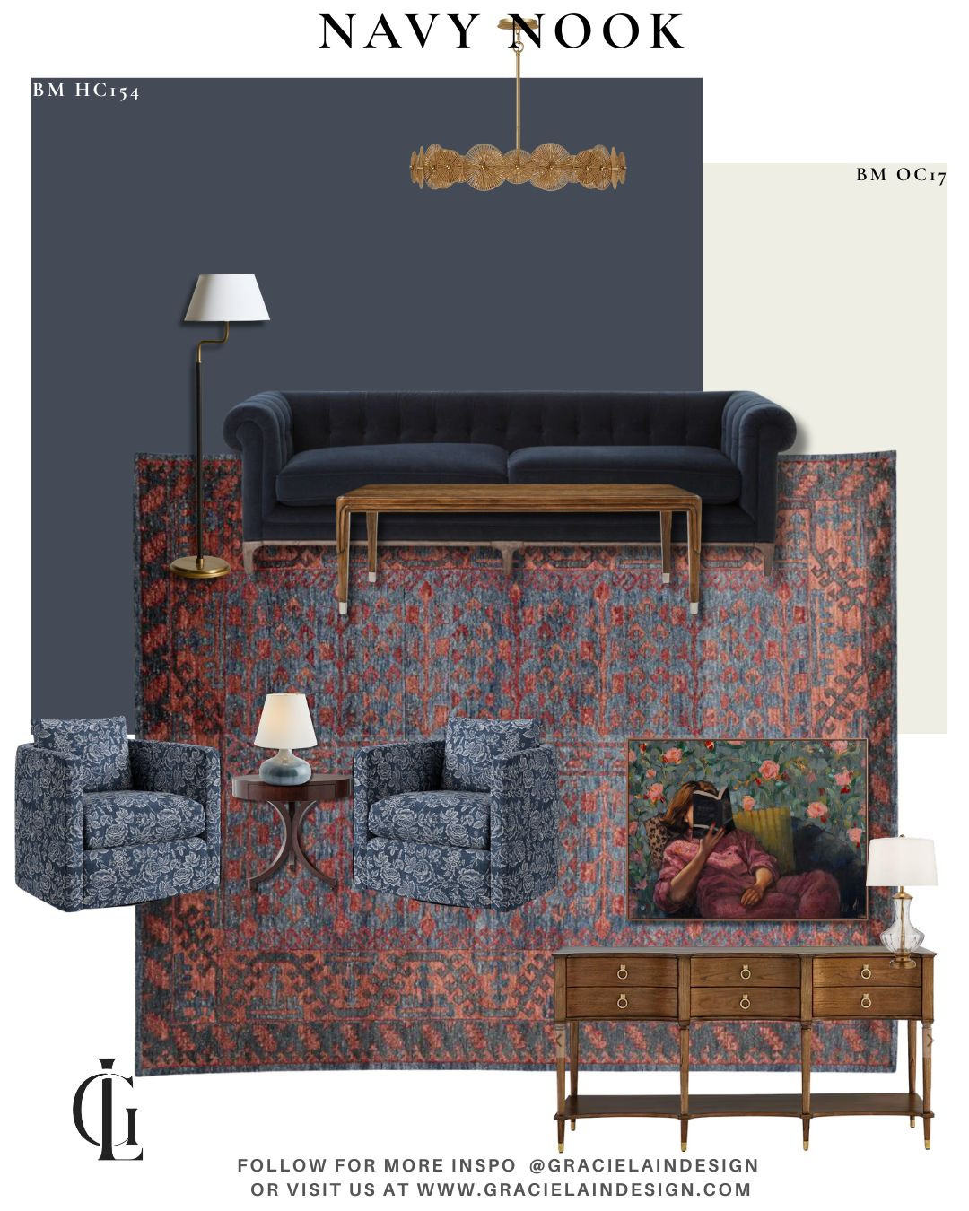 Where modern edge meets timeless soul. This elegant navy nook is fully enveloped in Benjamin Moore's Hale Navy, creating a rich, cocoon-like backdrop that instantly invites you to unwind. A reimagined chesterfield sofa in sumptuous navy velvet anchors the space, layered with a soft wool rug underfoot and grounded by dark wood accents that whisper tradition.

Mixed materials—brass, glass, ceramic, and leather—bring a curated, modern glow, while art with a cool, collected vibe keeps the room feeling fresh and personal. Patterned chairs add just the right note of playfulness, proving that sophistication doesn’t have to take itself too seriously.

This is where evenings linger. Where vinyl spins low, pages turn slowly, and cocktails are shared among good company. A space designed not just to be seen—but to be lived in.

Discover more at gracielaindesign.com

#NavyNook #ModernTraditional #BenjaminMoore #InteriorDesign #MoodyInteriors #ChesterfieldSofa #VelvetLuxury #LayeredLiving #DarkAndMoody #DesignInspiration #CozyCorners #ElevatedLiving #CollectedHome #PatternPlay #DesignDetails #GracielainDesign 

 

#LTKSaleAlert #LTKHome