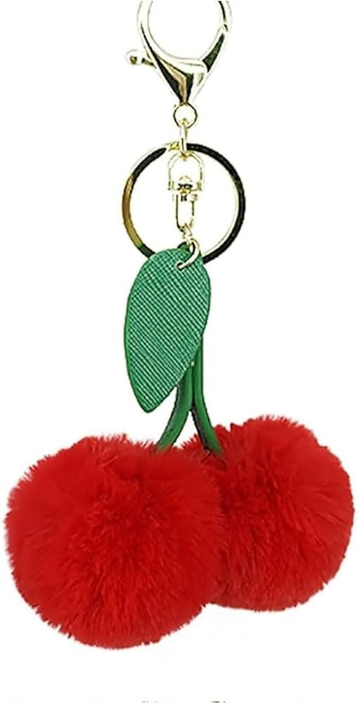 Red Cute Cherry Faux Fur Pom Pom Soft Fluffy Golden Ball Key Chain Car Keying Bag Wallet Pendant ... | Amazon (US)