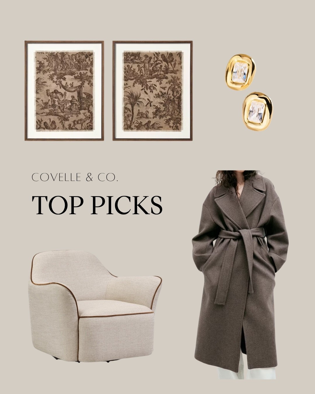 October is calling, and we’re answering in chocolate brown. 🍂

This month’s Covelle & Co. Top Picks are channeling everything we love about fall, rich textures, warm neutrals, effortless layers, and just the right touch of gold.

A chocolate brown wrap trench from Mango sets the tone, paired with a plush, textural side chair from Four Hands. Cream + brown artwork from Studio McGee from Target brings the palette home, while gold diamond earrings from Anthropologie add that little bit of sparkle.

Because great style doesn’t stop at your closet, or your front door. The best spaces, just like the best outfits, are all about color, texture, proportion + personality.

Fashion meets interiors. Fall edition. 

Which October Top Pick are you bringing home? Save this one for your fall mood board + send it to someone who loves a good chocolate-brown moment.

#CovelleAndCo #CovelleAndCoTopPicks #OctoberStyle #FallInteriors