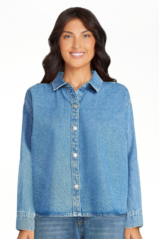 Scoop Women’s Rhinestone Embellished Cotton Denim Shirt with Long Sleeves, Sizes XS-4X | Walmart (US)