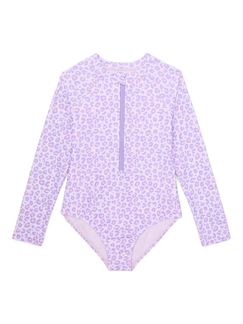Wonder Nation Girls Long Sleeve Zip-Up Rash Guard One-Piece Swimsuit, Sizes 4-18 & Plus | Walmart (US)