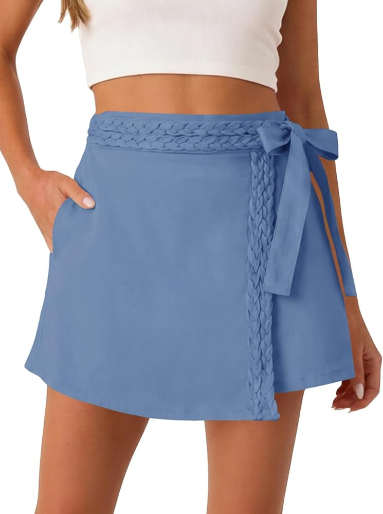 Tankaneo Womens Wrap Mini Skirt Skort Summer Casual Braided High Waisted Bow Tie Skirt Shorts wit... | Amazon (US)