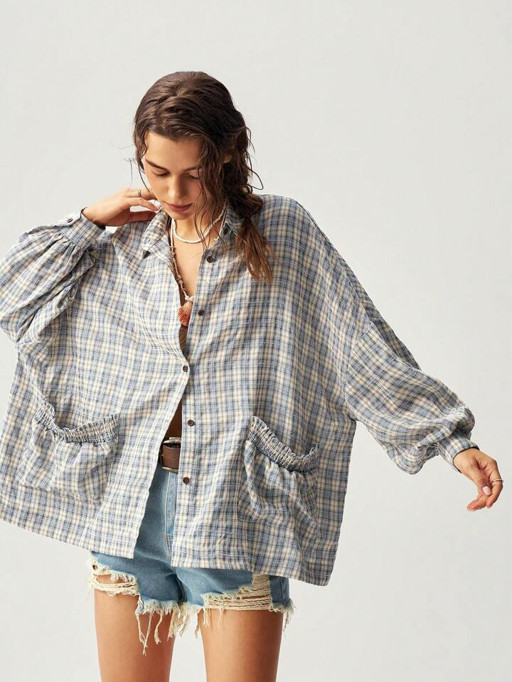 Bohemela Women's Vacation Plaid Pattern Casual Shirt,Long Sleeve Tops | SHEIN