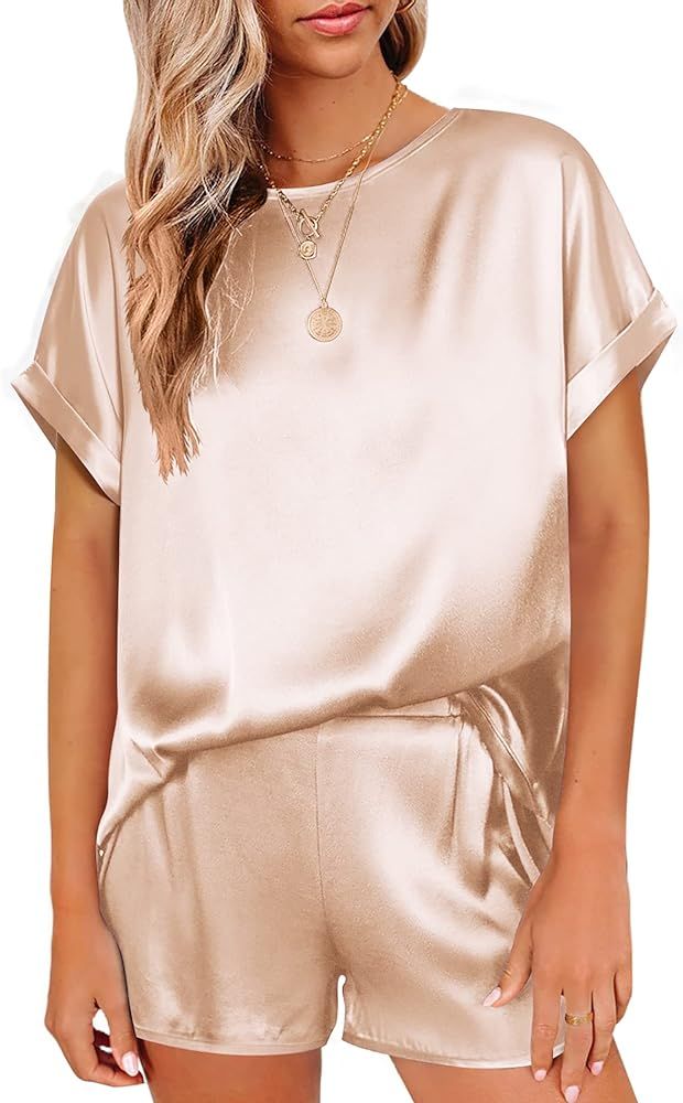 Ekouaer Silk Pajama Set for Women Short Sleeve Satin Sleepwear Pj Short Sets Soft Casual Sleep Se... | Amazon (US)
